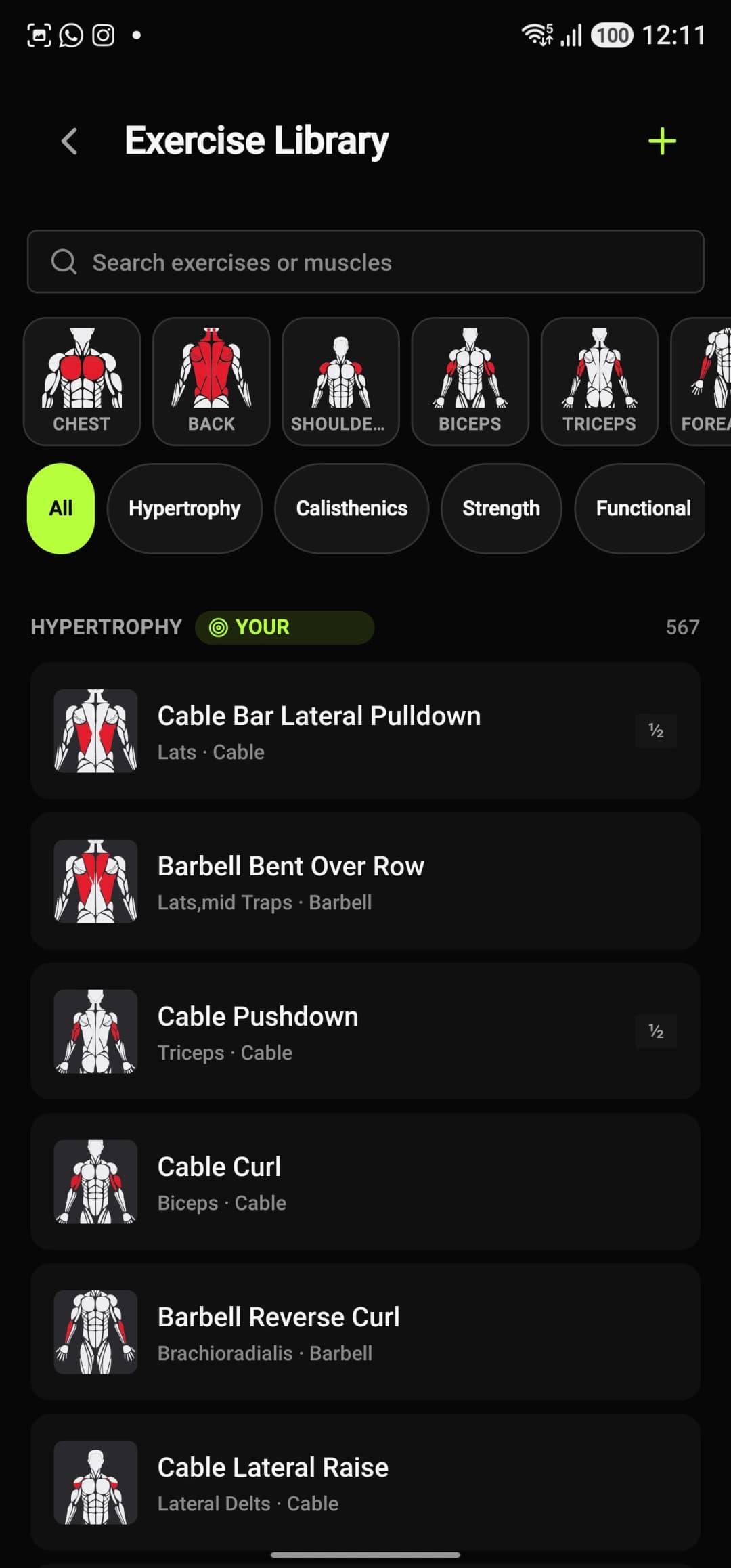 Exercise library: anatomical muscle group filters, Hypertrophy, Calisthenics, Strength and Functional tags, and full exercise catalogue
