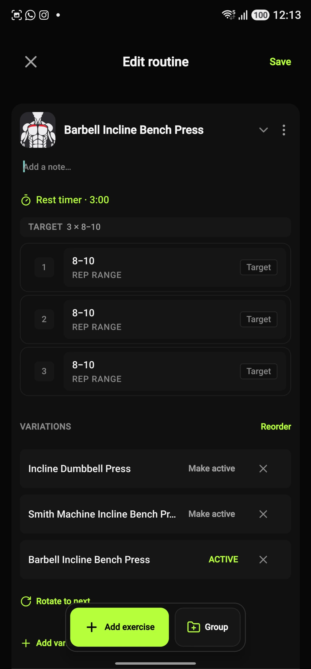 Edit routine: Barbell Incline Bench Press with variation pool members and active variation