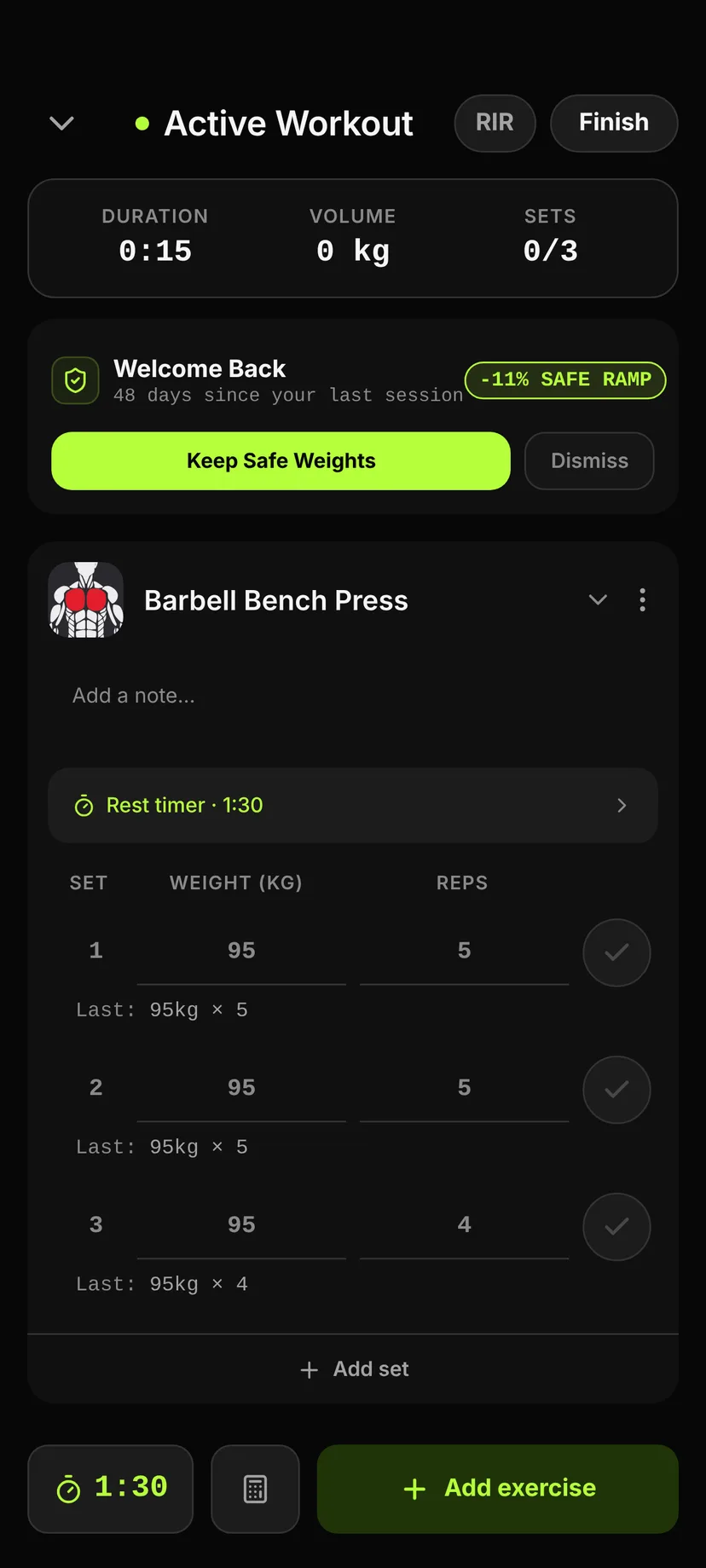 Active workout: Barbell Bench Press with last session's weight and reps under each set, below a welcome-back banner after time off